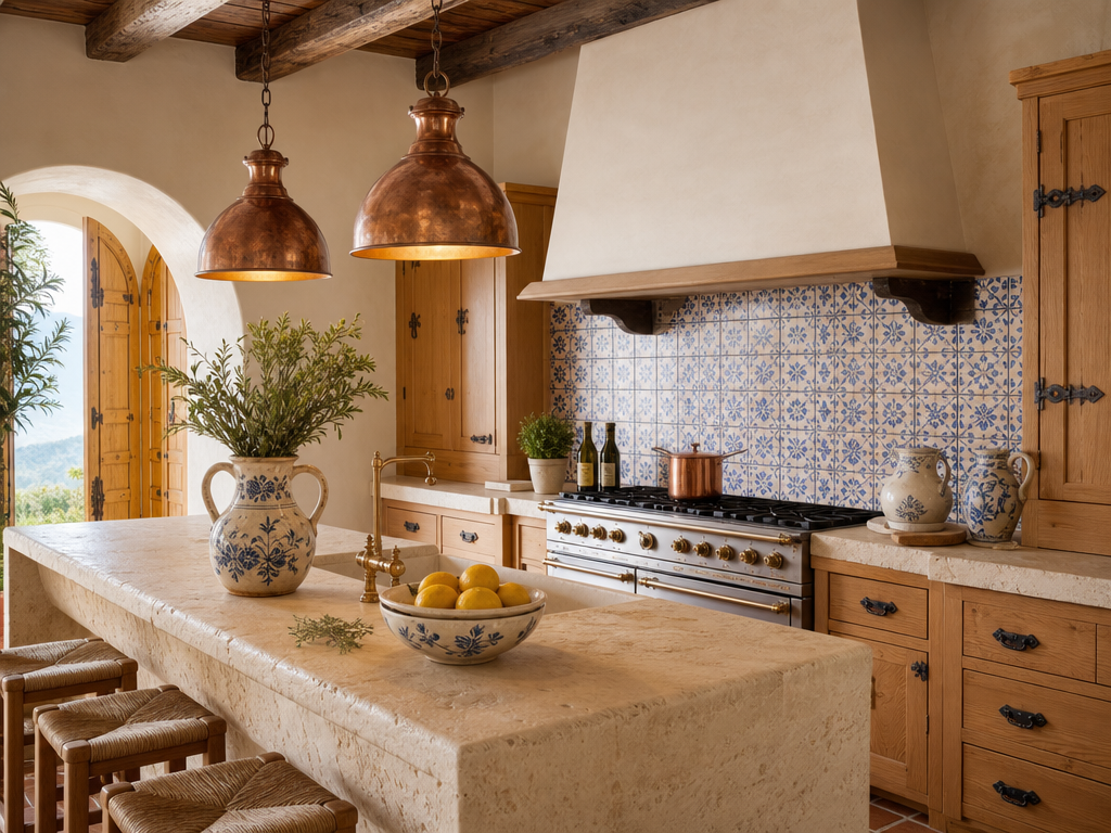 Bếp cận cảnh | Đảo bếp travertine với backsplash gạch ceramic vẽ tay, đèn đồng treo dầm gỗ tối, tủ bếp gỗ honey — không gian ấm áp đặc trưng Địa Trung Hải.