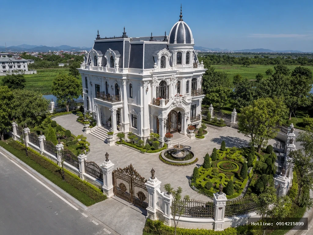 05_Ngoai_Flycam | Góc nhìn flycam — toàn cảnh mái Mansard, dome, sân vườn parterre boxwood và cảnh quan xung quanh.