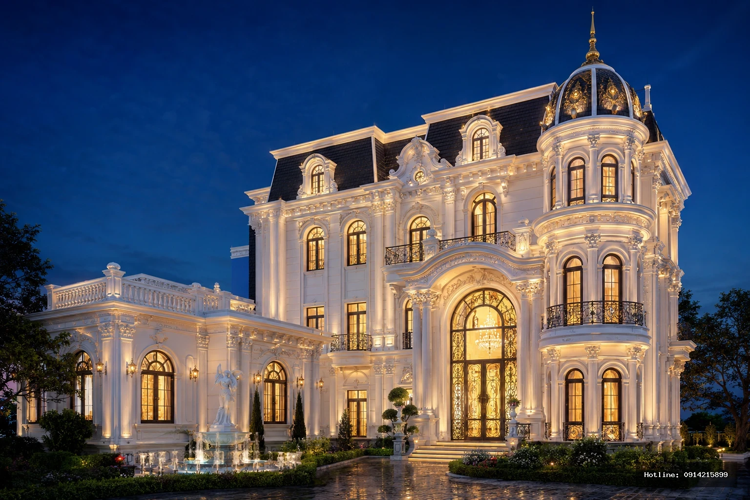 06_Ngoai_Ban_Dem | Mặt tiền ban đêm — hệ LED ẩm hắt cột, cornice, dome và Mansard tạo hiệu ứng cung điện rực rỡ.