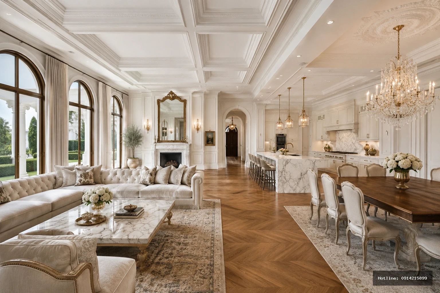 07_NT_Phong_Khach_Base | Tổng cảnh phòng khách – bếp – ăn — sofa velvet ivory, lò sưởi marble Carrara, đảo bếp waterfall, chandelier pha lê.