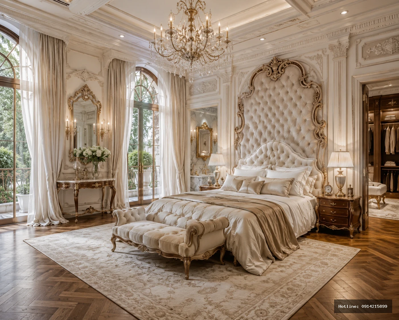 08_NT_Master_Bed | Phòng ngủ master — đầu giường tufted velvet ivory cao kịch trần, cửa Pháp vòm, parquet chevron, chandelier pha lê.