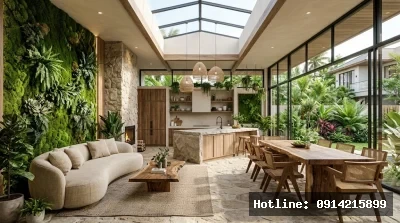 Không gian tầng 1 mở hoàn toàn — phòng khách, bếp đảo và phòng ăn kết nối liền mạch dưới mái skylight kính, bao quanh bởi tường rêu xanh và đá tự nhiên.