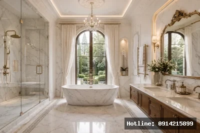 Phòng tắm master phong cách spa — bồn tắm độc lập nhìn ra khu vườn, tường ốp đá phiến tự nhiên, vòi hoa sen mưa và mảng cây xanh tạo trải nghiệm resort.