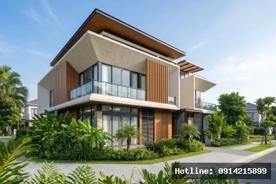 Góc nhìn 3/4 từ trái sang phải | Công trình kiến trúc hiện đại này sử dụng nhiều kính và gỗ, kết hợp giữa các bề mặt trơn và cấu trúc chữ nhật tạo cảm giác tinh tế và hiện đại. Sự hài hòa trong bố trí các mảng kính lớn cho phép ánh sáng tự nhiên tràn ngập, làm không gian trở nên sáng sủa và thoáng đãng. Không gian sân vườn xanh mát xung quanh tạo ra cảm giác yên bình và gần gũi với thiên nhiên.