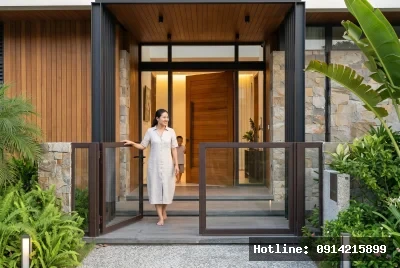 Góc nhìn lối vào chính | Ngôi nhà sử dụng vật liệu chủ đạo là gỗ và đá tự nhiên, hài hòa với thiên nhiên xung quanh. Phong cách kiến trúc hiện đại, tối giản, với đường nét tinh tế và màu sắc trung tính. Ánh sáng tự nhiên được tận dụng tối đa, tạo cảm giác không gian rộng mở và thư giãn.