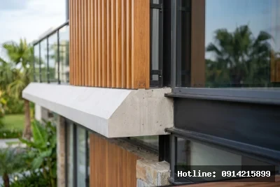 Cận cảnh chi tiết vật liệu | Công trình sử dụng vật liệu gỗ và bê tông kết hợp với kính, tạo nên sự cân đối giữa tự nhiên và hiện đại. Các thanh lam gỗ thẳng đứng không chỉ đóng vai trò trang trí mà còn tạo hiệu ứng ánh sáng và bóng tối thú vị, mang lại không gian sống động. Phong cách hiện đại của kiến trúc mang lại cảm giác thoáng đãng, gần gũi với thiên nhiên, đồng thời thể hiện sự tinh tế và sang trọng.