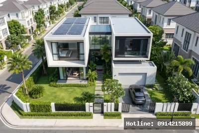Góc nhìn từ trên cao | Ngôi nhà hiện đại được xây dựng với kiểu dáng hình khối rõ ràng và vật liệu kính kết hợp với bê tông tạo nên một vẻ ngoài tối giản và sang trọng. Các tấm pin mặt trời trên mái nhà thể hiện ý thức về môi trường, trong khi khu vườn xanh mướt tạo ra cảm giác thư thái và kết nối với thiên nhiên. Ánh sáng tự nhiên được khai thác tối đa qua các cửa sổ lớn, mang lại không gian bên trong thoáng đãng và tươi sáng.