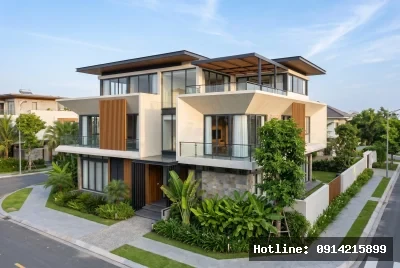 Góc flycam 3/4 toàn cảnh | Ngôi nhà mang phong cách hiện đại với các đường nét sắc sảo và việc sử dụng vật liệu kính và bê tông chủ đạo, tạo cảm giác mở rộng và kết nối với thiên nhiên bên ngoài. Hệ thống cửa sổ lớn cho phép ánh sáng tự nhiên tràn ngập không gian, làm nổi bật nét tinh tế và hài hòa của kiến trúc. Xung quanh là cây xanh tạo nên cảm giác gần gũi, thư giãn và làm dịu không gian sống.
