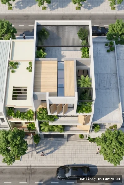 Góc nhìn từ trên xuống | Tòa nhà sử dụng vật liệu bê tông và gỗ kết hợp với cây xanh tạo nên một không gian hiện đại và gần gũi với thiên nhiên. Phong cách kiến trúc tối giản với các khối hình học rõ nét, kết hợp ánh sáng tự nhiên len lỏi qua các khe hở và khoảng không gian mở. Không gian mang lại cảm giác thư giãn và thoải mái, tận dụng tối đa ánh sáng và thông gió tự nhiên.