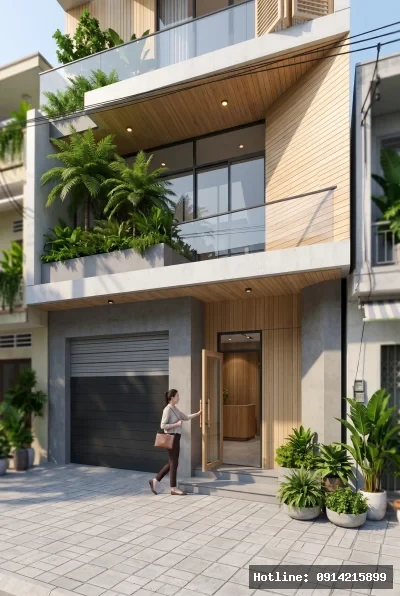 Góc nhìn lối vào chính | Công trình này mang phong cách hiện đại với sự kết hợp tinh tế giữa gỗ và bê tông, tạo nên vẻ ngoài ấm áp và hiện đại. Các tấm kính lớn cho phép ánh sáng tự nhiên tràn vào, tạo ra không gian mở và thoáng đãng. Mảng xanh từ cây cối không chỉ làm tăng tính thẩm mỹ mà còn tạo cảm giác gần gũi với thiên nhiên.