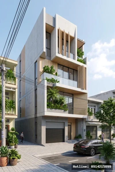 Góc nhìn 3/4 từ trái sang phải | Tòa nhà có thiết kế hiện đại với các vật liệu như kính chịu lực và bê tông, tạo cảm giác chắc chắn và thanh nhã. Ánh sáng tự nhiên tràn ngập qua các cửa kính lớn, kết hợp với cây xanh trên ban công mang đến không khí trong lành và thư giãn. Tổng thể không gian mang lại cảm giác mở rộng, đương đại và giao hòa với thiên nhiên.