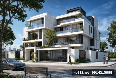 Góc nhìn 3/4 từ trái sang phải | Tòa nhà nổi bật với phong cách hiện đại, sử dụng vật liệu chủ đạo là kính và bê tông, mang lại cảm giác cứng cáp nhưng không kém phần tinh tế. Ánh sáng tự nhiên tràn ngập từ những cửa sổ lớn, tạo ra không gian mở và thoáng đãng. Màu sắc trung tính kết hợp với cây xanh xung quanh mang lại cảm giác bình yên và thư thái.