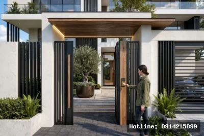 Góc nhìn lối vào chính | Ngôi nhà thể hiện phong cách kiến trúc hiện đại với sự kết hợp tinh tế giữa vật liệu gỗ và kim loại. Ánh sáng tự nhiên ngập tràn từ cửa kính lớn và không gian mở, tạo cảm giác thoải mái và gần gũi với thiên nhiên. Cấu trúc rõ ràng và gọn gàng mang lại cảm giác thanh lịch và sang trọng.