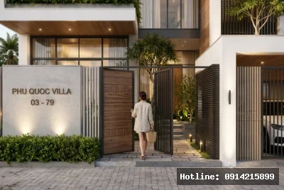 Góc nhìn lối vào chính | Ngôi biệt thự mang phong cách hiện đại, sử dụng vật liệu như gỗ và kim loại kết hợp với những mảng kính lớn tạo sự thông thoáng. Ánh sáng được bố trí tinh tế với đèn chiếu hắt nhẹ, tạo không gian ấm cúng và sang trọng. Cảm giác tổng thể là sự kết hợp hài hòa giữa thiên nhiên và kiến trúc, mang lại sự thoải mái và thanh lịch.