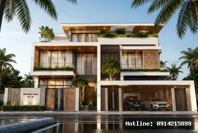 Góc nhìn hero shot | Công trình kiến trúc hiện đại sử dụng vật liệu chủ đạo là kính, gỗ và bê tông, tạo nên sự tương phản và hài hòa giữa tự nhiên và nhân tạo. Cửa kính lớn cho phép ánh sáng tự nhiên tràn vào, làm nổi bật cây xanh điểm xuyết trên các ban công và tầng mái, mang lại cảm giác thoáng đãng và gần gũi với thiên nhiên. Không gian gợi lên sự sang trọng, tinh tế nhưng vẫn ấm áp và thân thiện.