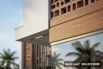 Cận cảnh chi tiết vật liệu | Kiến trúc trong bức ảnh sử dụng vật liệu chính là kính, gỗ và gạch thông gió, tạo nên sự kết hợp hài hòa giữa truyền thống và hiện đại. Ánh sáng tự nhiên chiếu qua kính và gạch, tạo ra một không gian sáng sủa và thoáng đãng. Cảm giác không gian nhẹ nhàng, ấm cúng và gần gũi với thiên nhiên.