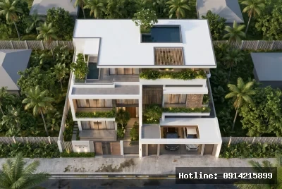 Góc nhìn từ trên xuống | Ngôi nhà được thiết kế theo phong cách hiện đại với các khối hộp rõ ràng và cân đối. Vật liệu chủ đạo là bê tông và kính, tạo nên cảm giác mở rộng không gian và kết nối với thiên nhiên xung quanh. Ánh sáng tự nhiên được tận dụng tối đa qua các cửa kính lớn, kết hợp cùng cây xanh bố trí tinh tế tạo nên không gian sống thoáng đãng và gần gũi.