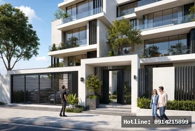 Góc nhìn người đi bộ | Tòa nhà mang phong cách hiện đại với việc sử dụng rộng rãi kính và kim loại, tạo cảm giác mở rộng và gần gũi với thiên nhiên. Ánh sáng tự nhiên được khai thác tối đa nhờ các cửa sổ lớn, mang lại sự sáng sủa và thoải mái cho không gian nội thất. Cảm giác về một không gian sống thoáng đãng, hiện đại và thân thiện với môi trường được thể hiện rõ nét qua sự kết hợp của cây xanh và vật liệu tự nhiên.