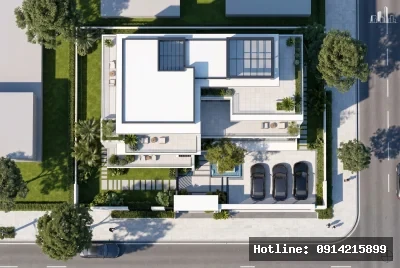 Góc nhìn từ trên xuống | Công trình này mang phong cách hiện đại với việc sử dụng các mảng kính lớn, nhấn mạnh đường nét thẳng và gọn gàng. Vật liệu chủ đạo là bê tông và kính giúp tạo cảm giác mở rộng không gian và mang ánh sáng tự nhiên vào bên trong. Không gian tổng thể mang lại cảm giác hài hòa, thoáng đãng và thư giãn với khu vườn xanh mát bao quanh.