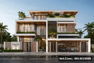 Góc nhìn chính diện | Công trình này mang phong cách kiến trúc hiện đại với việc sử dụng vật liệu chủ yếu là kính, gỗ và bê tông, tạo nên vẻ ngoài thanh thoát và sang trọng. Các cửa kính rộng lớn giúp tận dụng ánh sáng tự nhiên, đồng thời kết nối không gian bên trong và bên ngoài, mang lại cảm giác thoáng đãng và thư giãn. Hệ thống cây xanh tích hợp trên các tầng tạo điểm nhấn hòa hợp với thiên nhiên, mang lại cảm giác yên bình và thoải mái cho không gian sống.