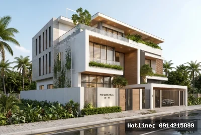 Góc nhìn 3/4 từ trái sang phải | Công trình kiến trúc này mang phong cách hiện đại với các đường nét tối giản và hình khối mạnh mẽ, sử dụng vật liệu chính là gỗ, kính và bê tông. Hệ thống cửa kính lớn giúp không gian ngập tràn ánh sáng tự nhiên, tạo cảm giác mở rộng và hài hòa với môi trường xung quanh. Sự kết hợp cây xanh xen kẽ giữa các tầng mang lại cảm giác gần gũi với thiên nhiên và tạo điểm nhấn cho không gian sống.