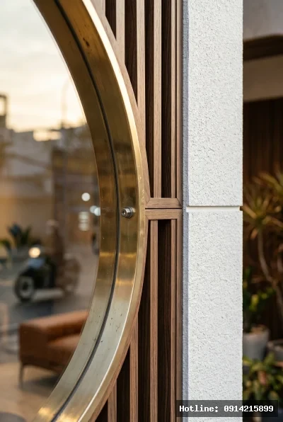 Cận cảnh chi tiết vật liệu | Bức ảnh thể hiện phong cách kiến trúc hiện đại, với việc sử dụng gỗ và kim loại mạ vàng, tạo cảm giác ấm áp và sang trọng. Ánh sáng tự nhiên phản chiếu nhẹ nhàng trên bề mặt vàng bóng, tạo ra những điểm nhấn tinh tế và cuốn hút. Không gian toát lên sự thanh lịch và hiện đại, phù hợp với môi trường sống đẳng cấp.
