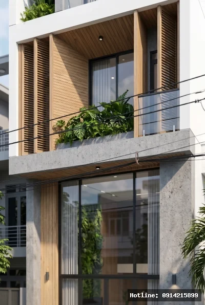 Cận cảnh chi tiết vật liệu | Tòa nhà mang phong cách hiện đại với việc sử dụng vật liệu kính rộng lớn kết hợp cùng bê tông thô và gỗ tự nhiên, tạo nên sự hài hòa giữa công nghiệp và thiên nhiên. Các mảng xanh được thiết kế khéo léo tại ban công, tạo ra một không gian thoáng đãng và giàu cảm xúc. Ánh sáng tự nhiên chan hòa làm nổi bật nét trang nhã và đầm ấm của ngôi nhà, mang lại cảm giác thư thái.