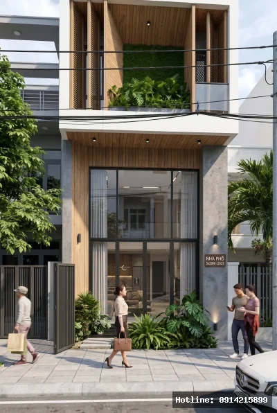 Góc nhìn người đi bộ | Ngôi nhà mang phong cách hiện đại với sự kết hợp hài hòa giữa vật liệu gỗ tự nhiên và bê tông tạo cảm giác vững chắc. Mặt tiền sử dụng các cửa kính lớn giúp ánh sáng tự nhiên tràn ngập không gian bên trong, tạo nên một không gian sống thoáng đãng và tràn đầy sức sống. Cây xanh được bố trí khéo léo ở ban công, mang lại sự gần gũi với thiên nhiên và cảm giác thư thái cho cả ngôi nhà.