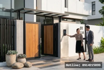 Góc nhìn lối vào chính | Công trình thể hiện sự kết hợp giữa vật liệu gỗ tự nhiên và bê tông hiện đại, tạo nên sự cân bằng giữa ấm áp và cứng cáp. Phong cách đơn giản, tinh tế với thiết kế cửa và hàng rào thẳng gọn, tạo cảm giác ngăn nắp và thời thượng. Ánh sáng tự nhiên được tận dụng tối đa, tạo ra một không gian sáng sủa và thoáng đãng, mang lại cảm giác dễ chịu và hiếu khách.