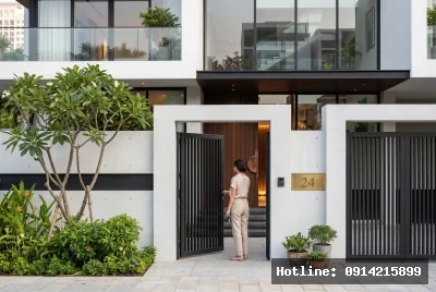 Góc nhìn lối vào chính | Ngôi nhà mang phong cách hiện đại với các vật liệu chủ yếu là kính và kim loại, thể hiện qua cửa sổ lớn và cửa cổng sắt tối màu. Ánh sáng tự nhiên được tận dụng tối đa, xuyên qua lớp kính trong suốt và mang lại cảm giác không gian thoáng đãng, tươi sáng. Cổng vào cùng cây xanh xung quanh tạo ra cảm giác chào đón và hài hòa với môi trường, mang lại một không khí yên bình.