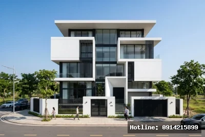 Góc nhìn chính diện | Tòa nhà mang phong cách kiến trúc hiện đại với các đường nét góc cạnh sắc sảo và thiết kế tối giản, sử dụng chủ yếu vật liệu kính và bê tông để tạo nên vẻ ngoài tinh tế. Ánh sáng tự nhiên tràn ngập không gian nhờ vào các cửa sổ lớn, tạo ra một cảm giác rộng rãi và kết nối với ngoại cảnh. Sự kết hợp của màu sắc trung tính và cấu trúc hợp lý đem lại cảm giác thanh thoát và thoải mái.