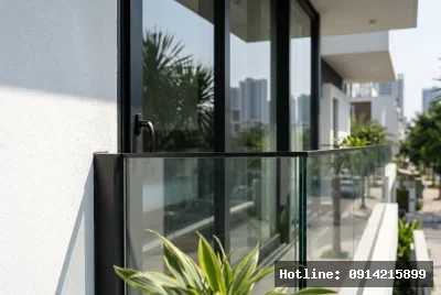 Cận cảnh chi tiết vật liệu | Bức ảnh thể hiện không gian ban công với lan can kính trong suốt và đường nét hiện đại, tạo cảm giác thoáng đãng và kết nối với môi trường bên ngoài. Các bức tường và cửa sổ lớn bằng kính mở ra tầm nhìn rộng, tận dụng tối đa ánh sáng tự nhiên, mang lại cảm giác gần gũi với thiên nhiên. Cây xanh được bố trí trên ban công, làm tăng thêm cảm giác tươi mát và dễ chịu cho không gian sống.
