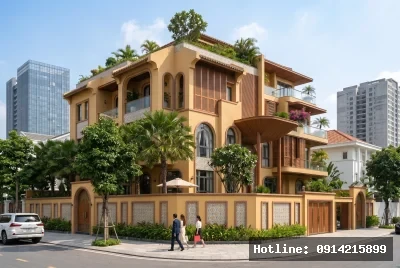 Góc nhìn từ phía hông phải | Ngôi nhà mang phong cách kiến trúc nhiệt đới đương đại với màu sắc ấm áp và chi tiết gỗ nổi bật. Các cửa sổ lớn cùng cây xanh bao quanh tạo không gian mở, thoáng đãng. Ánh sáng tự nhiên tràn đầy tạo cảm giác tươi mới và gần gũi với thiên nhiên.