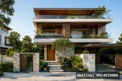 Góc lối vào chính | Ngôi nhà này mang phong cách hiện đại với việc sử dụng các vật liệu tự nhiên như đá và gỗ, hài hòa với không gian xanh xung quanh. Ánh sáng tự nhiên được khai thác triệt để qua các cửa sổ lớn, tạo cảm giác thoáng đãng và gần gũi với thiên nhiên. Cấu trúc mở, kết hợp với cây xanh và nước, mang lại một không gian sống yên bình và thư giãn.