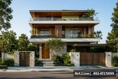 Góc nhìn chính diện chuẩn hồ sơ | Ngôi nhà được thể hiện bằng vật liệu chủ đạo là gỗ và kính, mang lại cảm giác mộc mạc nhưng hiện đại. Phong cách kiến trúc tối giản với cách bố trí hình khối và cửa kính lớn tạo không gian thoáng đãng, gần gũi với thiên nhiên. Ánh sáng tự nhiên tràn ngập, kết hợp với cây xanh xung quanh tạo bầu không khí yên bình thư thái.