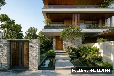Góc người đi bộ trước cổng | Ngôi nhà hiện đại sử dụng nhiều vật liệu tự nhiên như đá và gỗ, tạo cảm giác ấm áp và gần gũi với thiên nhiên. Ánh sáng tự nhiên ngập tràn nhờ các cửa kính lớn và thiết kế mở, khiến không gian trở nên sáng sủa và thư giãn. Cảnh quan cây xanh và mặt nước xung quanh làm không gian thêm phần sinh động và yên bình.