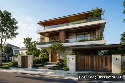 Góc nhìn 3/4 từ phải sang trái | Kiến trúc của ngôi nhà thể hiện phong cách hiện đại với việc sử dụng vật liệu tự nhiên như gỗ và đá tạo cảm giác gần gũi với thiên nhiên. Ánh sáng tự nhiên tràn ngập không gian nhờ các cửa kính lớn, tạo nên sự cởi mở và thoáng đãng. Cảm giác chung là sang trọng và thanh bình, với cây xanh xen kẽ khắp nơi mang lại sự sống động và tươi mới.