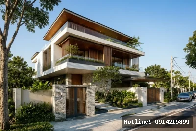 Góc nhìn 3/4 từ trái sang phải | Ngôi nhà mang phong cách hiện đại, sử dụng vật liệu chủ đạo là gỗ và đá tự nhiên, tạo nên một vẻ ngoài vừa sang trọng vừa gần gũi với thiên nhiên. Ánh sáng tự nhiên lan tỏa qua những ô cửa kính lớn, kết hợp với các khoảng xanh xung quanh đem lại cảm giác rộng rãi và thư giãn. Không gian này tỏa ra sự yên bình, hài hòa giữa kiến trúc và môi trường xung quanh.