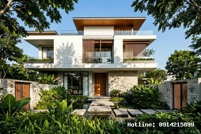 Góc sân vườn và mặt tiền | Ngôi nhà mang phong cách hiện đại với việc sử dụng các vật liệu như gỗ, kính và đá, tạo nên vẻ đẹp đơn giản nhưng sang trọng. Ánh sáng tự nhiên được tận dụng tối đa qua cửa sổ lớn và ban công mở, tạo cảm giác thoáng đãng và kết nối với thiên nhiên. Không gian xung quanh với nhiều cây xanh và hồ nước nhỏ mang lại cảm giác yên bình và thư giãn.