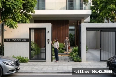 Góc nhìn lối vào chính | Kiến trúc sử dụng vật liệu bê tông và gỗ, tạo nên sự mạnh mẽ và ấm áp. Phong cách hiện đại với các đường nét tinh tế hòa quyện cùng không gian xanh, mang đến cảm giác thanh lịch và bình yên. Ánh sáng tự nhiên chiếu qua các khoảng trống, làm nổi bật sự gần gũi với thiên nhiên.