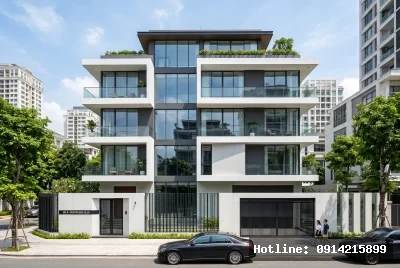Góc nhìn chính diện | Tòa nhà mang phong cách kiến trúc hiện đại với sử dụng vật liệu kính và bê tông làm chủ đạo, tạo ra sự đối lập hài hòa giữa trong suốt và chắc chắn. Ánh sáng tự nhiên được tận dụng tối đa qua các ô cửa kính lớn, mang lại không gian thoáng đãng và cảm giác mở rộng. Cảm giác không gian gợi lên sự sang trọng và tinh tế, mang tính chất nghỉ dưỡng cao cấp.