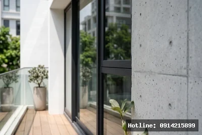 Cận cảnh chi tiết vật liệu | Bức ảnh cho thấy một không gian kiến trúc hiện đại với tường bê tông thô mộc kết hợp cùng cửa kính lớn mang lại phong cách tối giản và thanh lịch. Ánh sáng tự nhiên tràn ngập làm cho không gian trở nên sáng sủa và thoáng đãng. Cảm giác yên bình và kết nối với thiên nhiên được thể hiện qua sự hiện diện của cây xanh trên ban công lát gỗ.