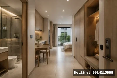 Không gian căn hộ phía trước | Căn hộ 1 phòng ngủ bố trí gọn gàng với khu sinh hoạt, bếp và phòng ngủ liên kết hợp lý. Ban công phía trước mang lại ánh sáng tự nhiên và mở rộng cảm giác không gian.