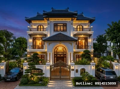 Biệt thự khi lên đèn | Ánh sáng kiến trúc làm nổi bật các đường nét đặc trưng của phong cách Indochine. Sự tương phản giữa mái ngói đen và tường trắng tạo hiệu ứng thị giác tinh tế vào ban đêm.