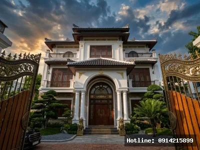 Hình khối bề thế từ tầm nhìn thấp | Góc máy thấp nhấn mạnh chiều cao và sự vững chãi của công trình. Hệ cột tròn trắng và mái nhiều lớp giúp mặt tiền có chiều sâu kiến trúc rõ nét.