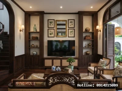 Góc thư giãn trung tâm | Khu vực sofa sử dụng nội thất mang cảm hứng thuộc địa với tỷ lệ cân đối. Chất liệu và màu sắc đồng nhất giúp không gian trở nên sang trọng nhưng gần gũi.