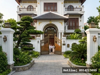 Lối tiếp cận chỉn chu | Khu vực cổng và lối vào được thiết kế đồng bộ với ngôn ngữ Indochine của toàn bộ biệt thự. Cảnh quan xanh và bonsai được kiểm soát để tôn lên vẻ trang nhã của công trình.